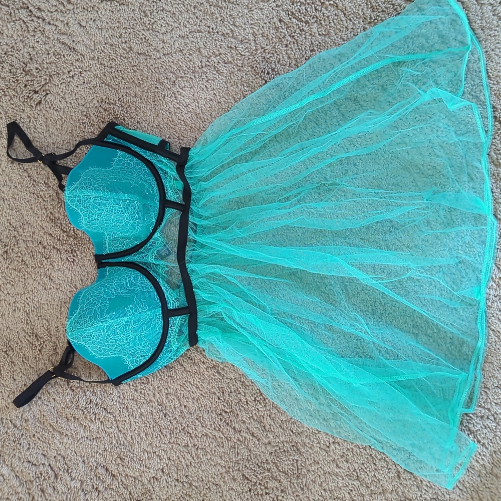 Aqua & Black Lace & Mesh Babydoll